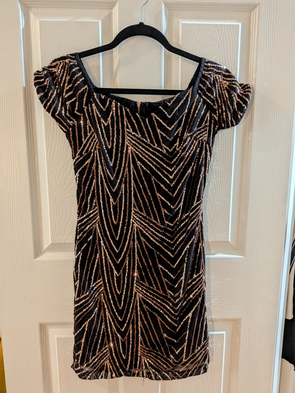 iris Black Mini Dress with Rose-Gold Sequin Geometric Design